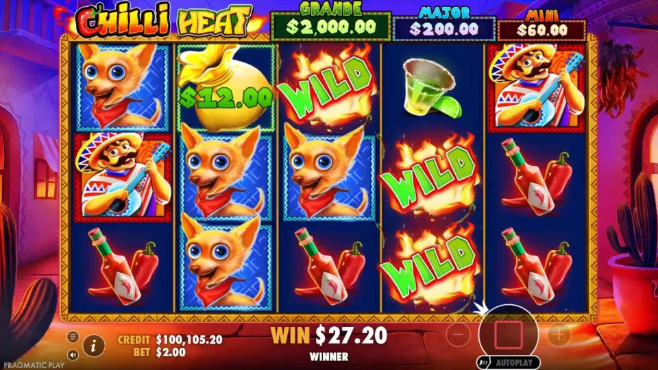 Chilli Heat: Free spin with lit Wilds on reels 3 and 4 and one USD 12.00 money bag on reel 2, the win box at USD 27.20