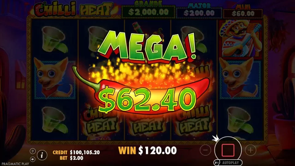 Chilli Heat: Mega win of USD 62.40 from the last free spin, logo Wilds dimmed underneath and the win box at USD 120.00