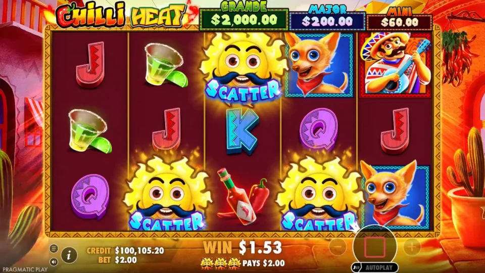 Chilli Heat: Three Sun Scatters on reels 2, 3 and 4 trigger the free spins, the line below the reels reading PAYS USD 2.00