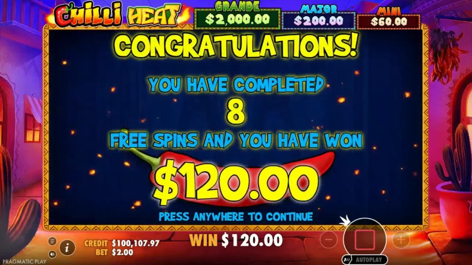 Chilli Heat: Eight free spins completed and USD 120.00 won on the Congratulations card, the result at a USD 2.00 bet