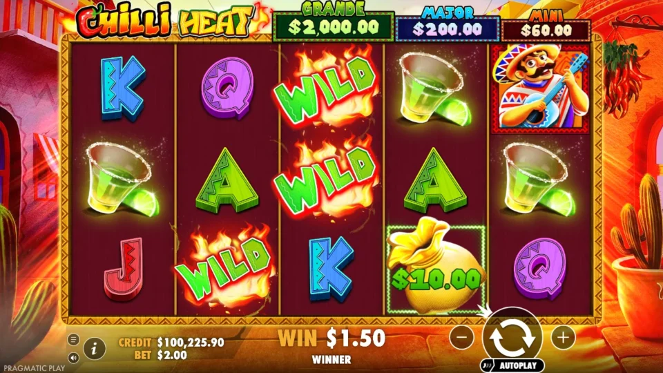 Chilli Heat: A single USD 10.00 money bag on reel 4, five short of the six that start a Money Respin, next to three lit Wilds