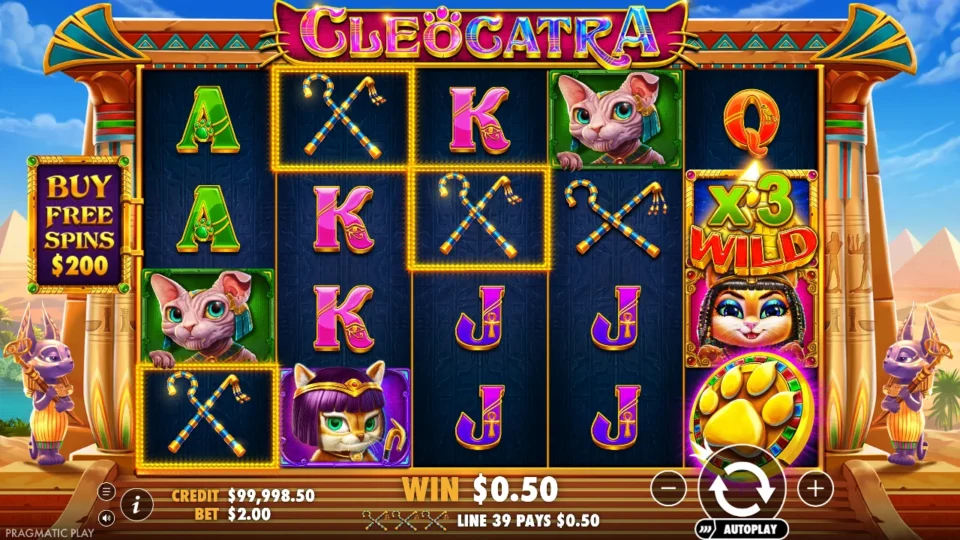 Cleocatra: Three crossed crooks and flails pay USD 0.50 on line 39 at the USD 2 stake