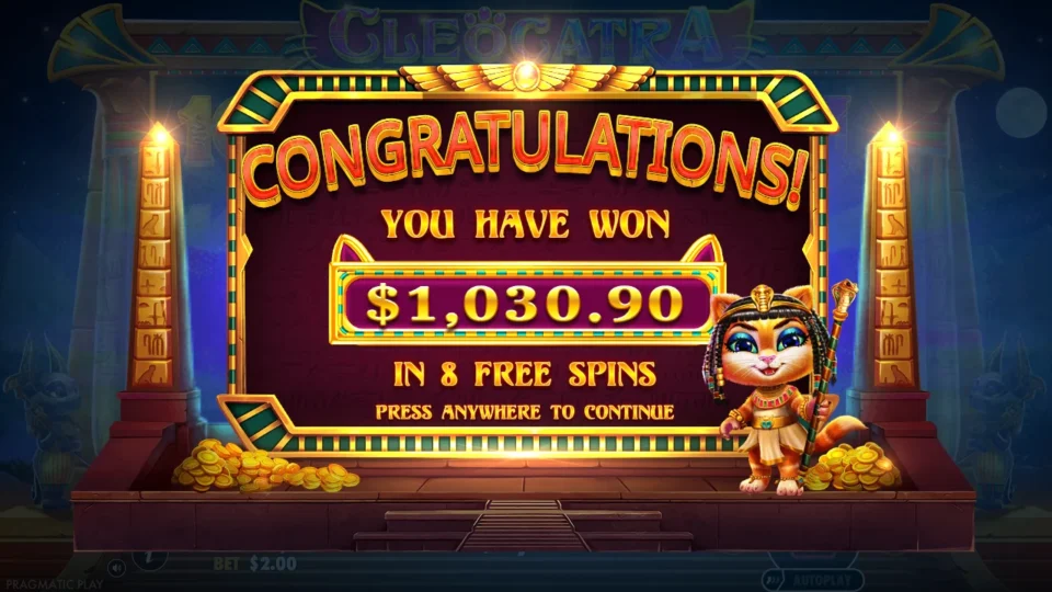 Cleocatra: The bonus result settles at USD 1,030.90 after eight spins