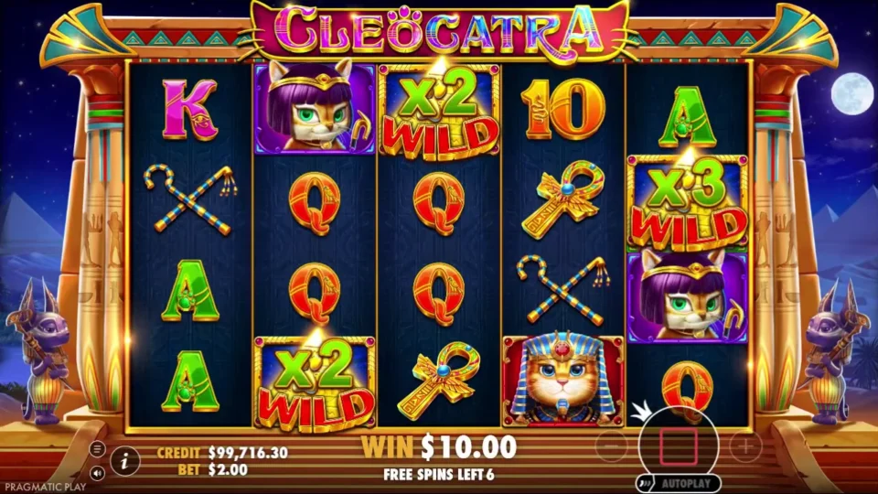 Cleocatra: Six free spins remain with three Wilds marked 2x, 2x and 3x
