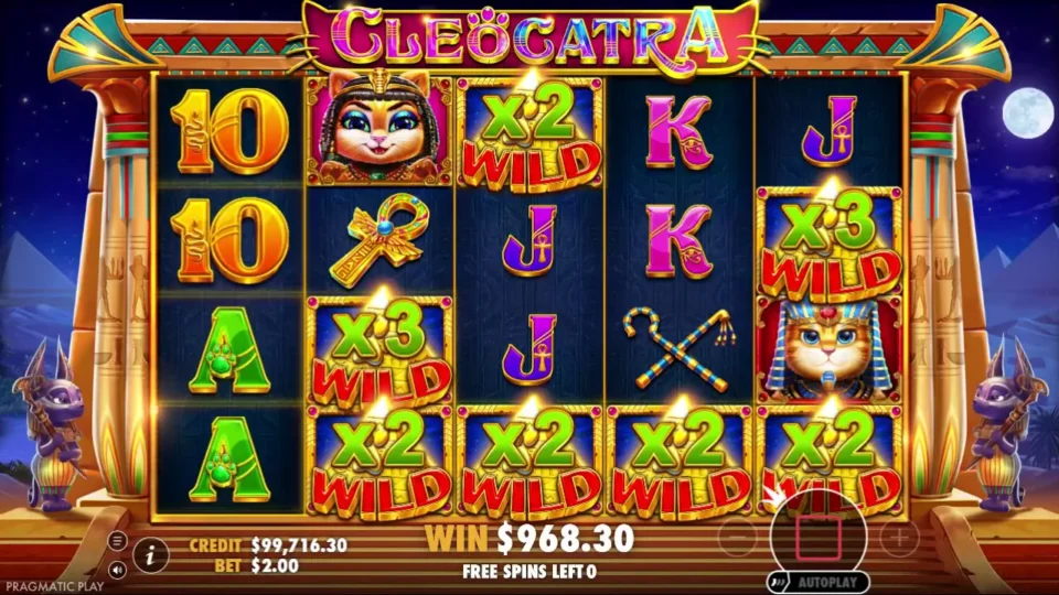 Cleocatra: Seven Wilds occupy reels two to five above a USD 968.30 running total
