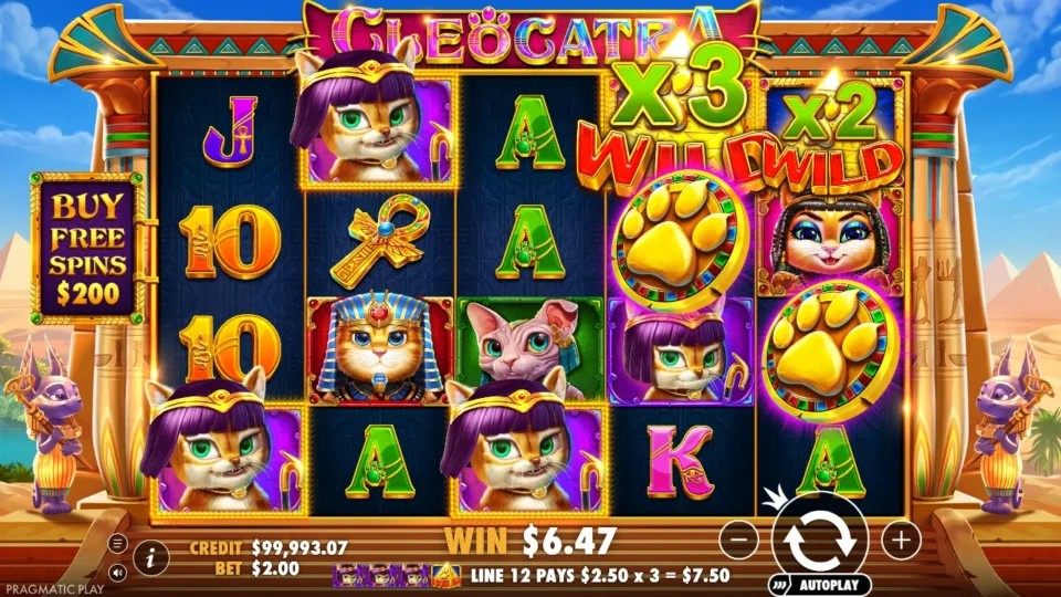Cleocatra: The purple-haired cat line pays USD 7.50 through the 3x Wild on reel four