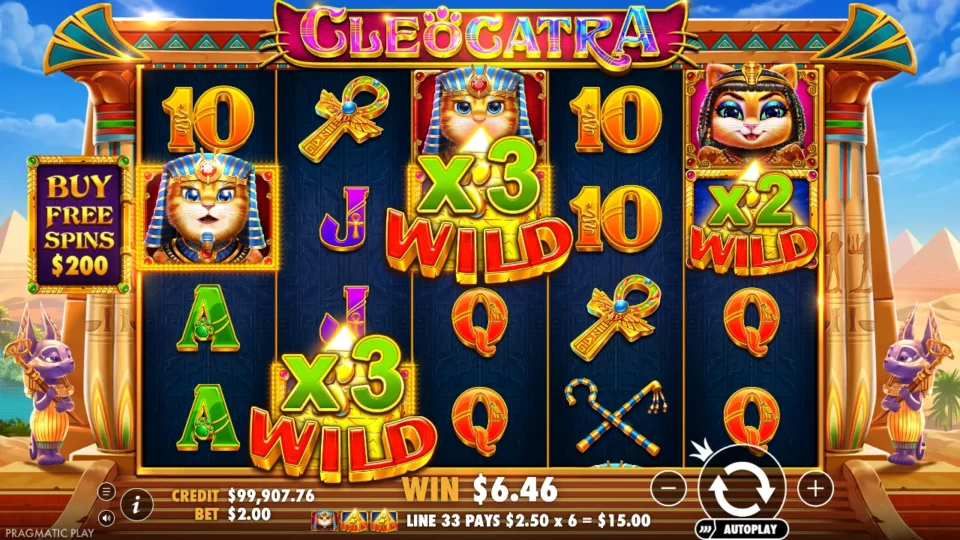Cleocatra: Two 3x Wilds add to 6x for a USD 15 Pharaoh-cat line