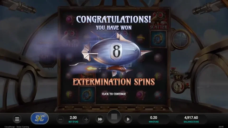 Cloudforge: Airship card numbered 8 announcing Extermination Spins, with 0.20 FUN already in the WIN box from the trigger spin