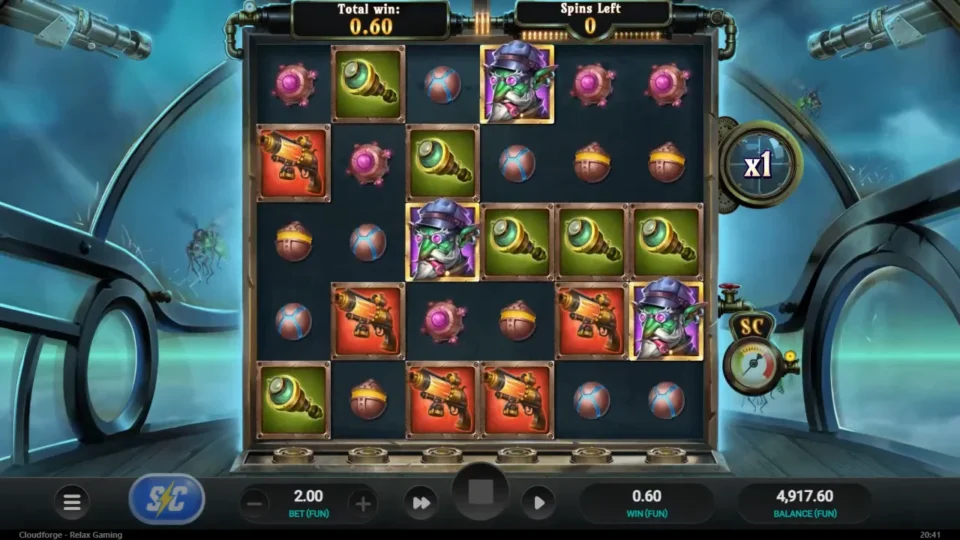 Cloudforge: Spins Left at 0, the multiplier dial unchanged at x1 and 0.60 on the Total win plate