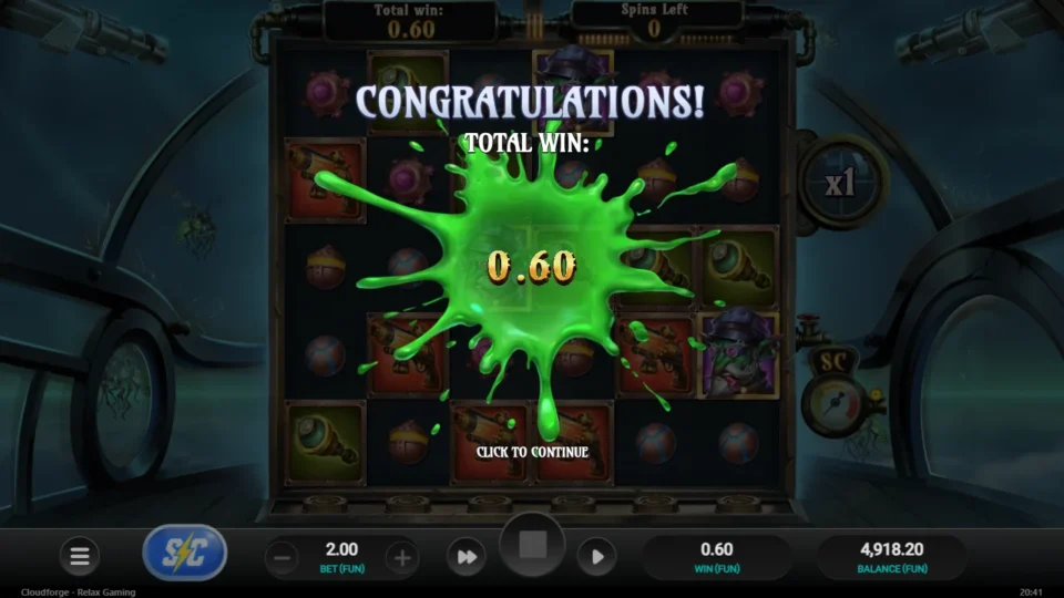 Cloudforge: TOTAL WIN 0.60 on the green CONGRATULATIONS splash, the result of eight Extermination Spins that never saw a Wild