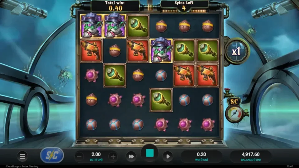 Cloudforge: A 0.20 win with four spins left lifts the bonus total to 0.40 under an x1 global multiplier