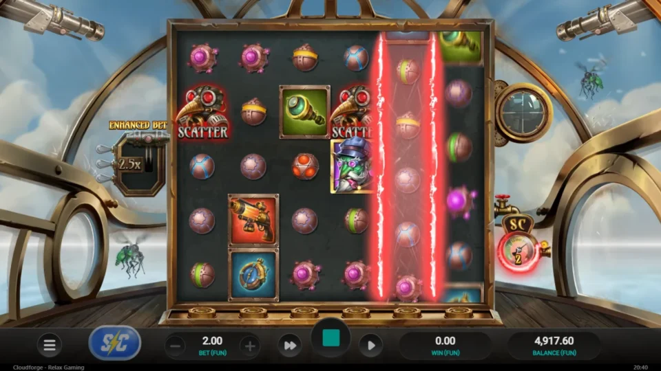 Cloudforge: Scatters settled on reels 1 and 4 while red lightning keeps reel 5 spinning for the third one
