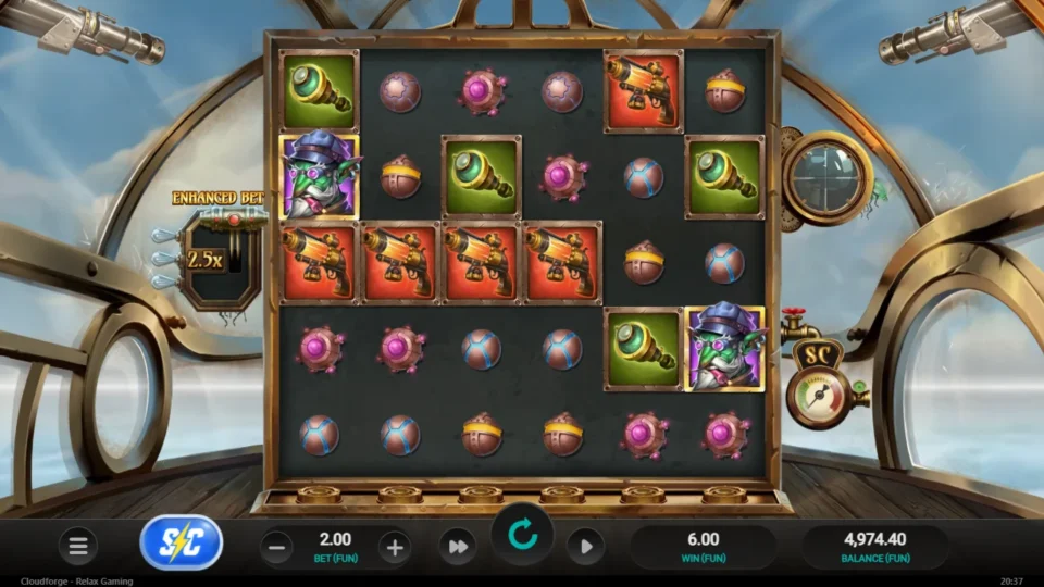 Cloudforge: Four ray guns in a row from reel 1 pay 6.00 FUN on a base spin
