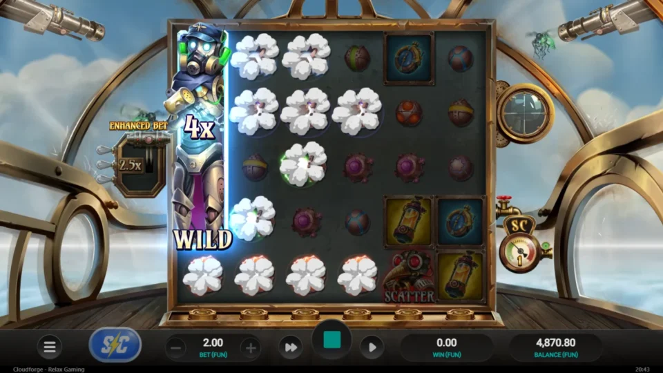 Cloudforge: A Wild on reel 1 has stretched to the top row and reads 4x while smoke clears the paying symbols