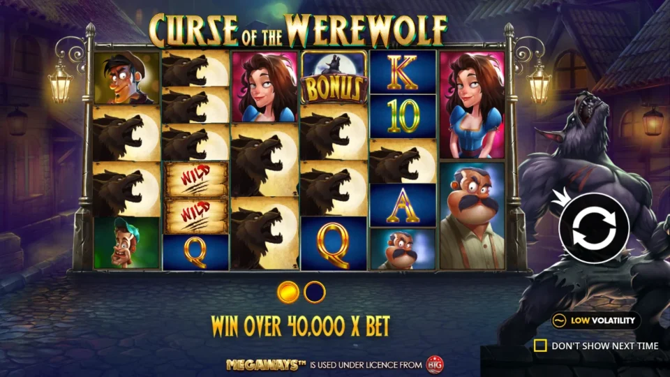 Curse of the Werewolf Megaways: Ten howling-wolf Mystery blocks share the opening slide's reels with two Wilds and a BONUS symbol, above the words win over 40,000 x bet and a low volatility badge