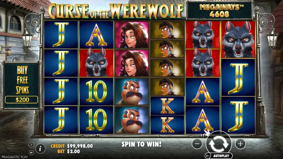 Curse of the Werewolf Megaways: Four jacks fill the first reel and a werewolf tops the three-symbol sixth on a 4,608-Megaways demo screen, the Buy Free Spins sign asking USD 200 at a USD 2.00 bet