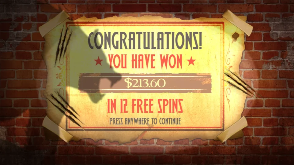 Curse of the Werewolf Megaways: A poster on a brick wall shows the purchase result, USD 213.60 from 12 free spins