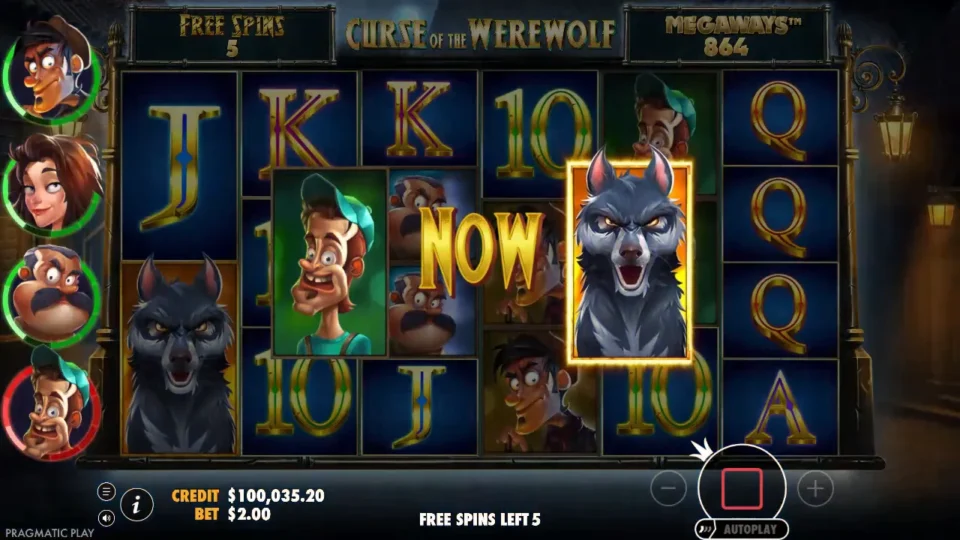 Curse of the Werewolf Megaways: NOW flashes as a golden werewolf takes the green-capped villager's place, his ring in the side panel gone red with five free spins left