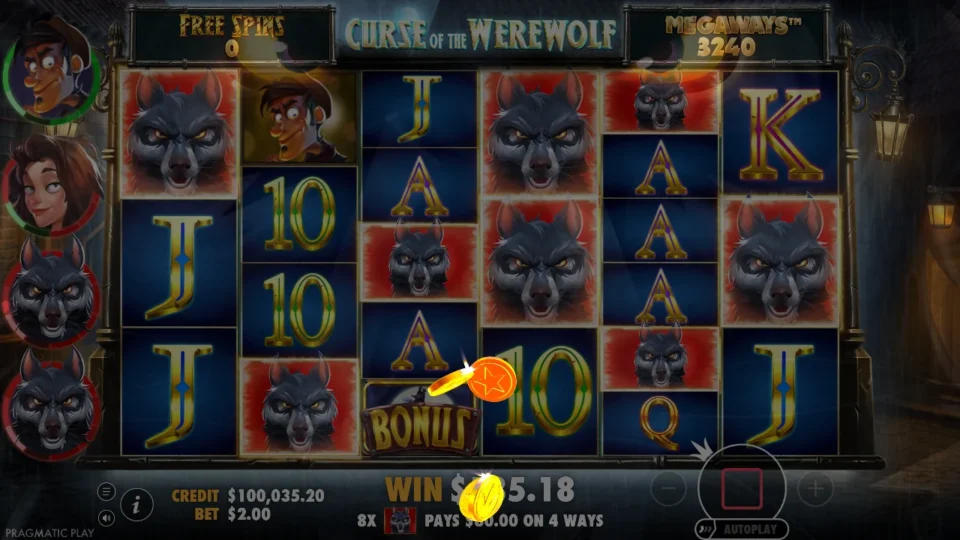 Curse of the Werewolf Megaways: Free spins counter at 0 on 3,240 Megaways, two villagers already werewolves in the side panel and the woman's ring red but for one segment as werewolves pay on four ways