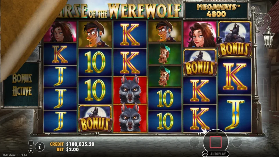 Curse of the Werewolf Megaways: Three BONUS symbols on reels 2, 5 and 6 after the USD 200 purchase, the side sign switched to BONUS ACTIVE as a parchment curtain starts to fall