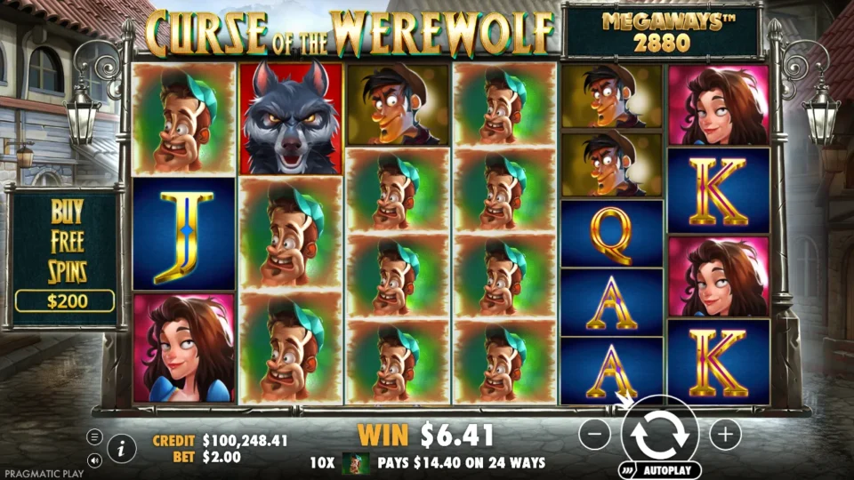 Curse of the Werewolf Megaways: Ten green-capped villagers across the first four reels make 24 ways worth USD 14.40 on a 2,880-Megaways spin, the win meter still counting up