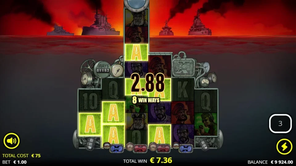 Das xBoot: Eight Ace combinations pay EUR 2.88 and lift the running bonus total to EUR 7.36