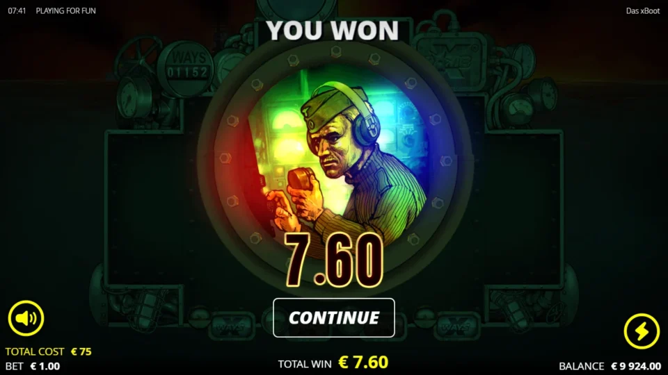 Das xBoot: The completed result is EUR 7.60 after eight starting spins and two extra spins, at a EUR 75 ticket cost