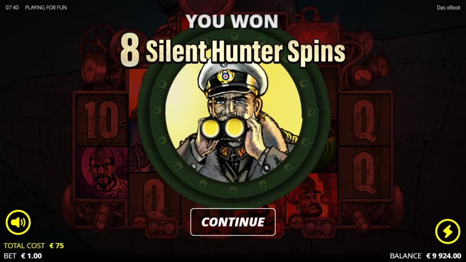 Das xBoot: Eight Silent Hunter Spins are awarded after the EUR 75 ticket is used