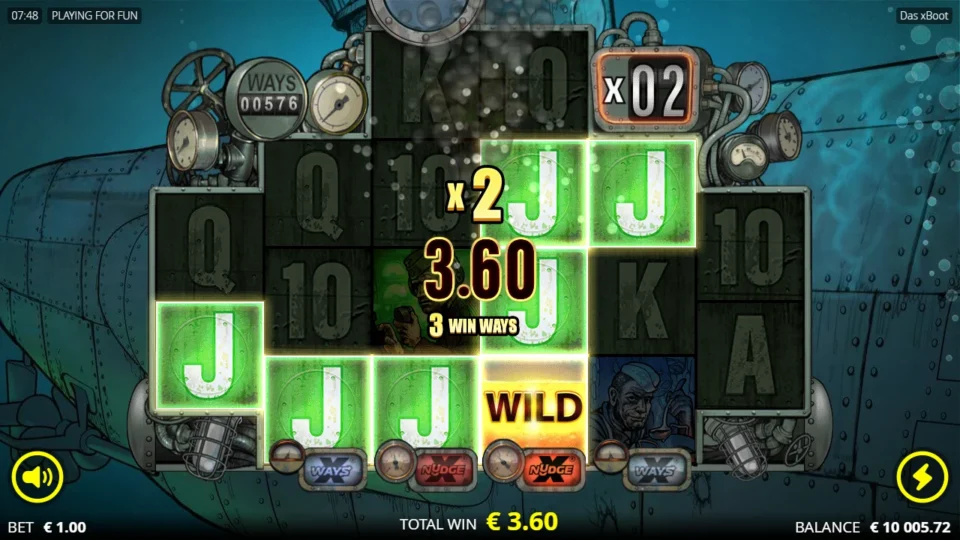 Das xBoot: Three winning ways of Jacks finish at EUR 3.60 with the xBomb counter showing 2x