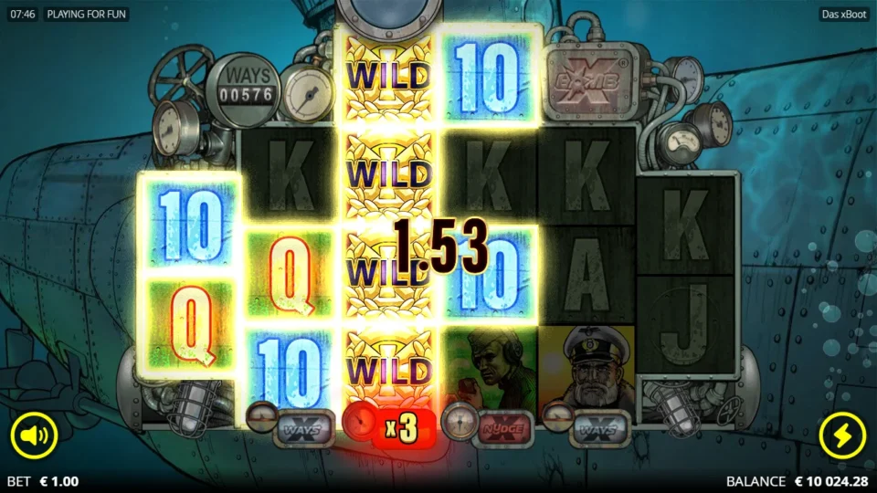 Das xBoot: A four-symbol Wild fills reel three at 3x while the highlighted Ten and Queen wins count up