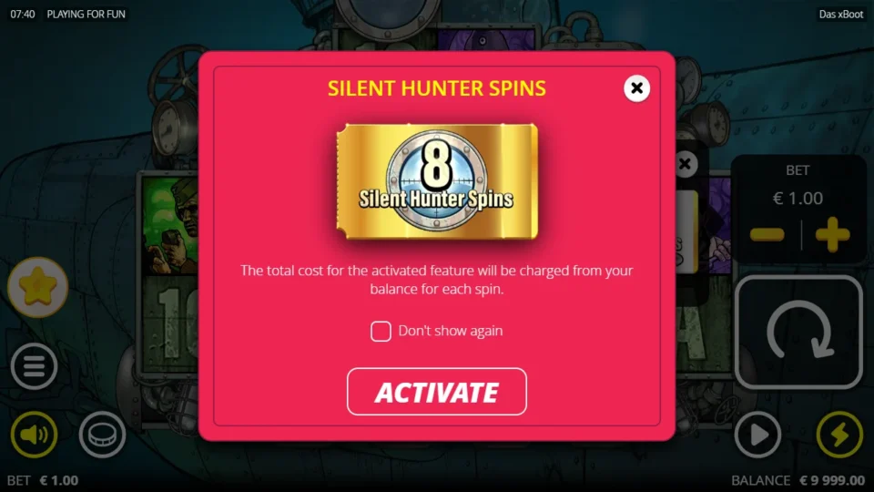 Das xBoot: The activation notice states that each spin with the ticket enabled charges the full feature cost