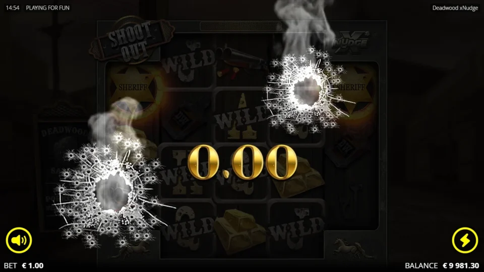 Deadwood xNudge®: Sheriff Badges on both outer reels activate Shoot Out, with low symbols marked Wild behind the opening win animation.