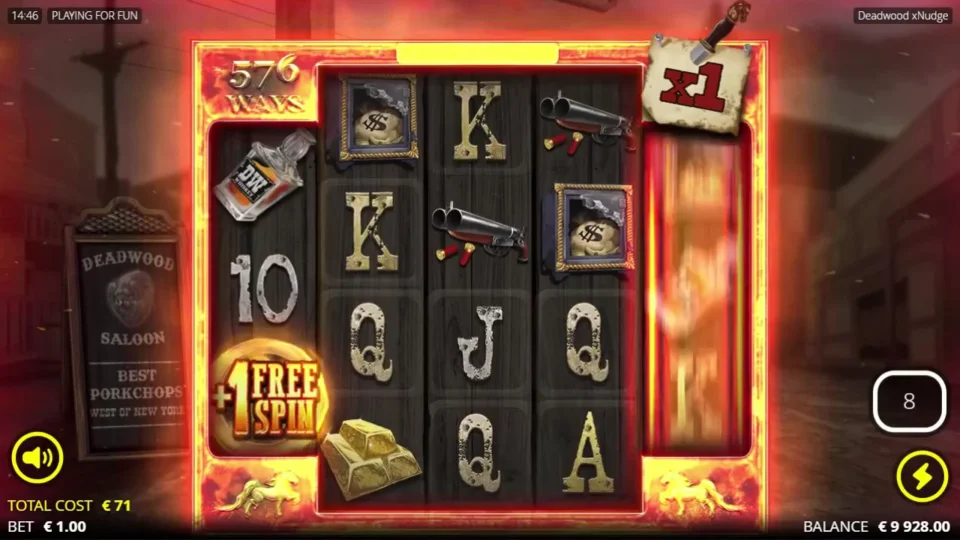 Deadwood xNudge®: A Sheriff Badge awards +1 free spin on reel 1 while the final reel is still turning; the multiplier remains x1.