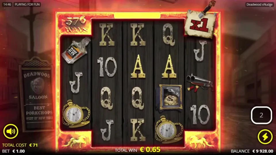 Deadwood xNudge®: With two free spins remaining, Gunslinger still shows x1 and a running total of EUR 0.65.