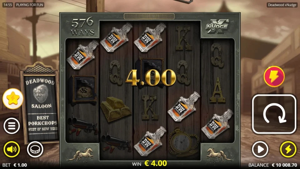 Deadwood xNudge®: Two Whiskey combinations cross all five reels for the displayed EUR 4.00, without a Hunter Wild.