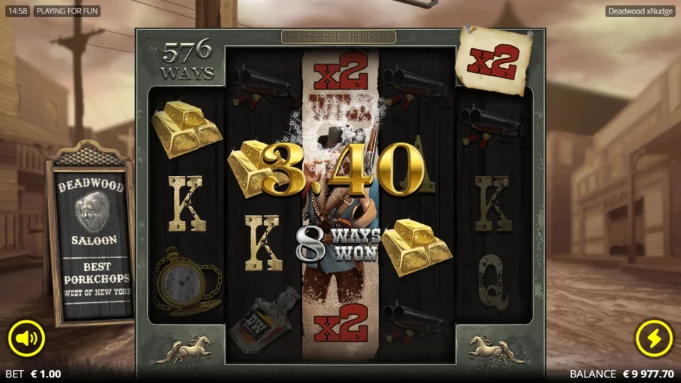 Deadwood xNudge®: A Hunter Wild fills reel 3 at x2; eight winning ways appear while the payout counter is still rising.