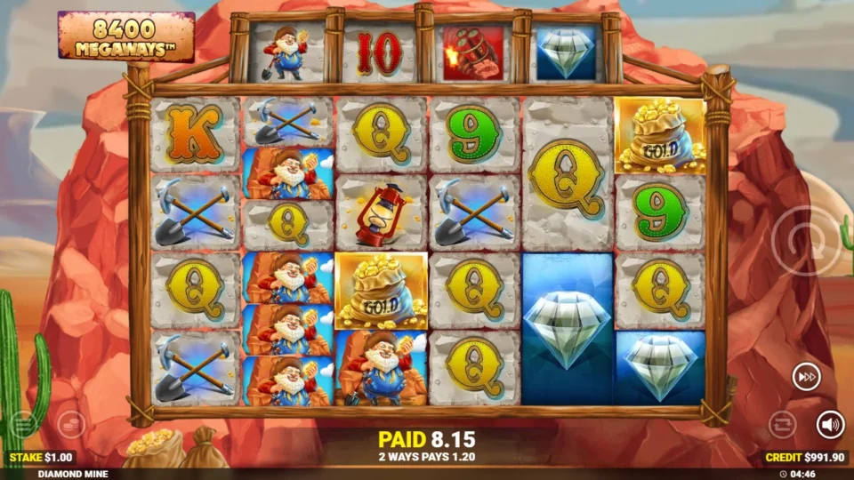 Diamond Mine Megaways: Prospectors, two gold bags and three diamonds fill an 8,400-way screen as the paid total passes 8.15