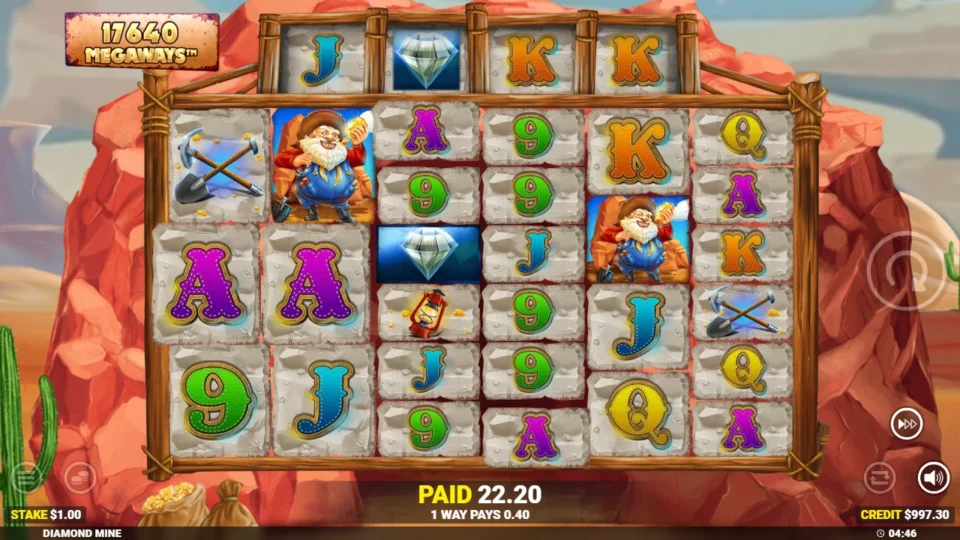 Diamond Mine Megaways: A 17,640-Megaways screen with prospectors and two diamonds settles on PAID 22.20 after its cascades