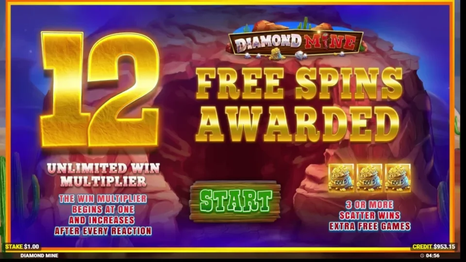 Diamond Mine Megaways: Card awarding 12 free spins with an unlimited win multiplier that starts at one
