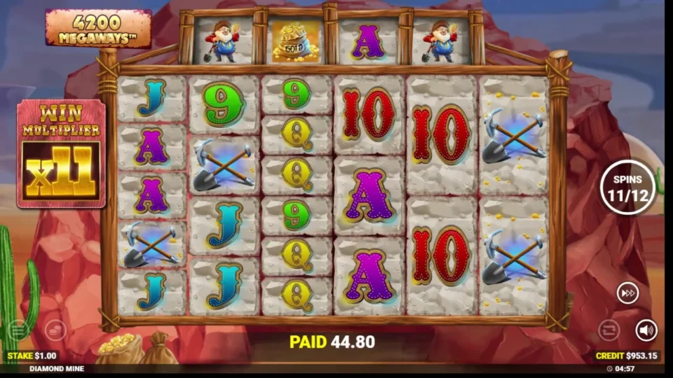 Diamond Mine Megaways: The win multiplier reaches x11 on free spin 11 of 12, with 44.80 paid so far