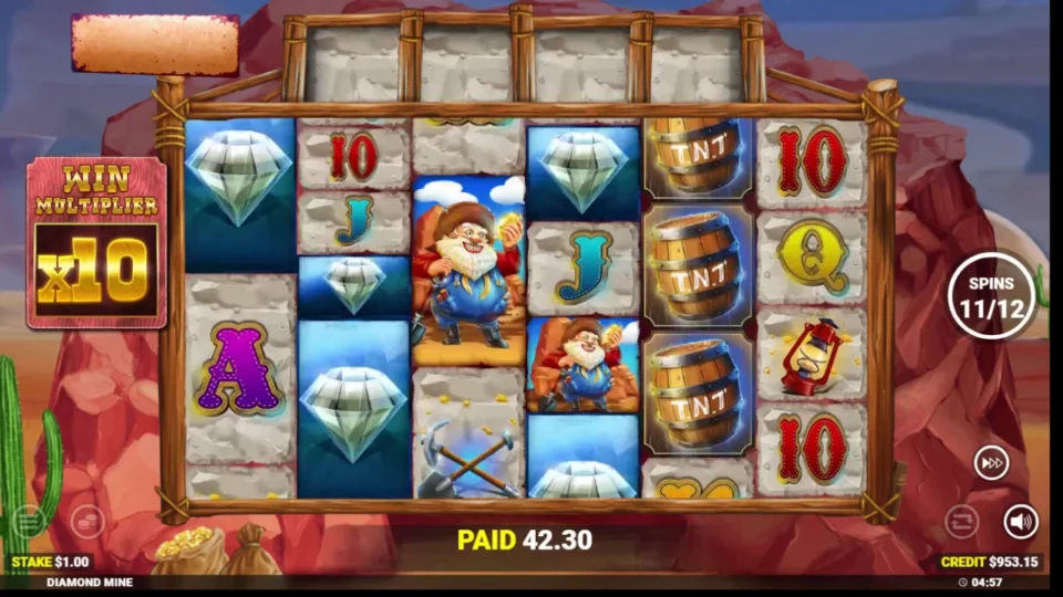 Diamond Mine Megaways: TNT barrels and diamonds on free spin 11 of 12 with the win multiplier at x10
