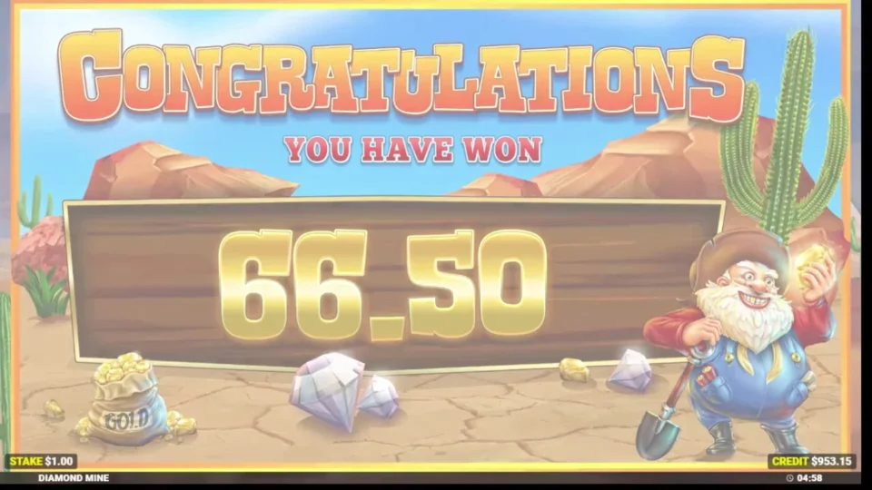 Diamond Mine Megaways: Congratulations card showing the natural bonus result of 66.50