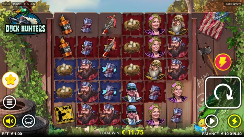 Duck Hunters: The ordinary cascade finishes at EUR 11.75, with blue multiplier positions behind the Drink Cans and a single Bonus sign still on the field.