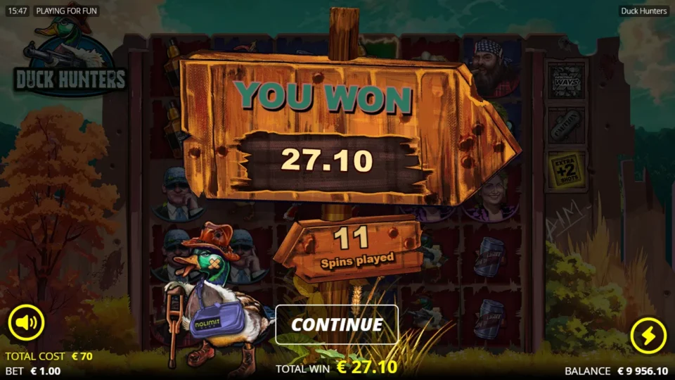 Duck Hunters: Eleven spins played and a EUR 27.10 result on a separate EUR 70 ticket, two Extra +2 Shots having added four spins to the seven.