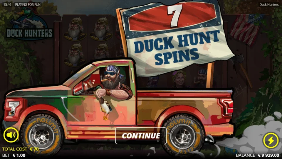 Duck Hunters: Seven Duck Hunt Spins open after the EUR 70 ticket; the underlying bet remains EUR 1.00.