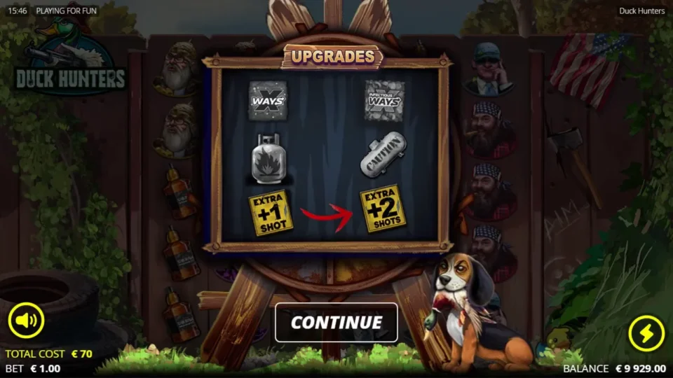 Duck Hunters: The upgrade changes Extra +1 Shot into Extra +2 Shots; the Infectious xWays and larger Bomb options stay grey.