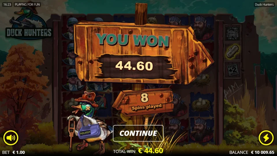 Duck Hunters: The natural round closes at EUR 44.60 after eight free spins, combining EUR 24.20 before the feature with EUR 20.40 from it.
