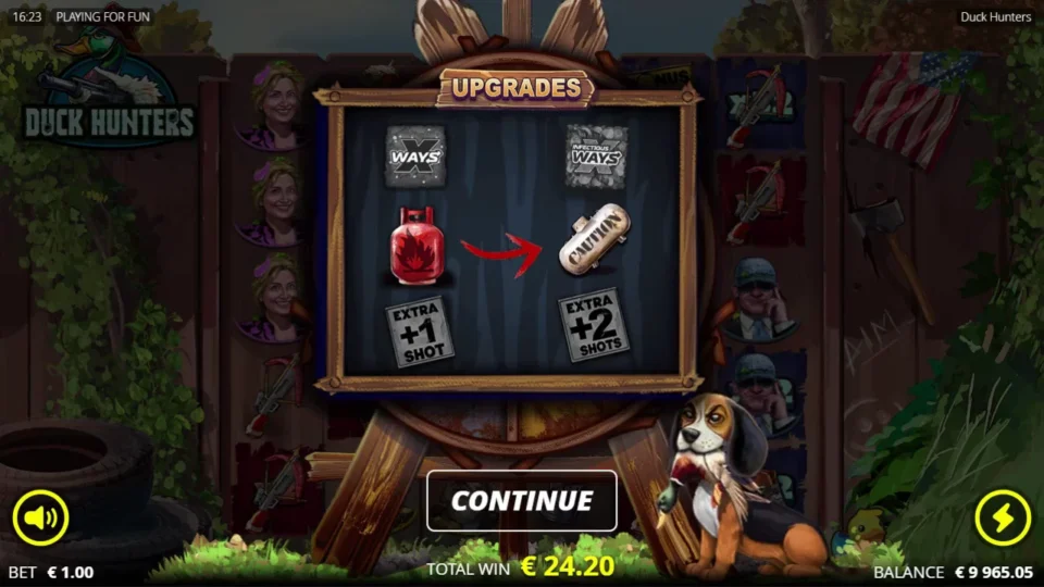 Duck Hunters: This natural entry selects the five-by-five Bomb upgrade, with EUR 24.20 already won before free spins begin.