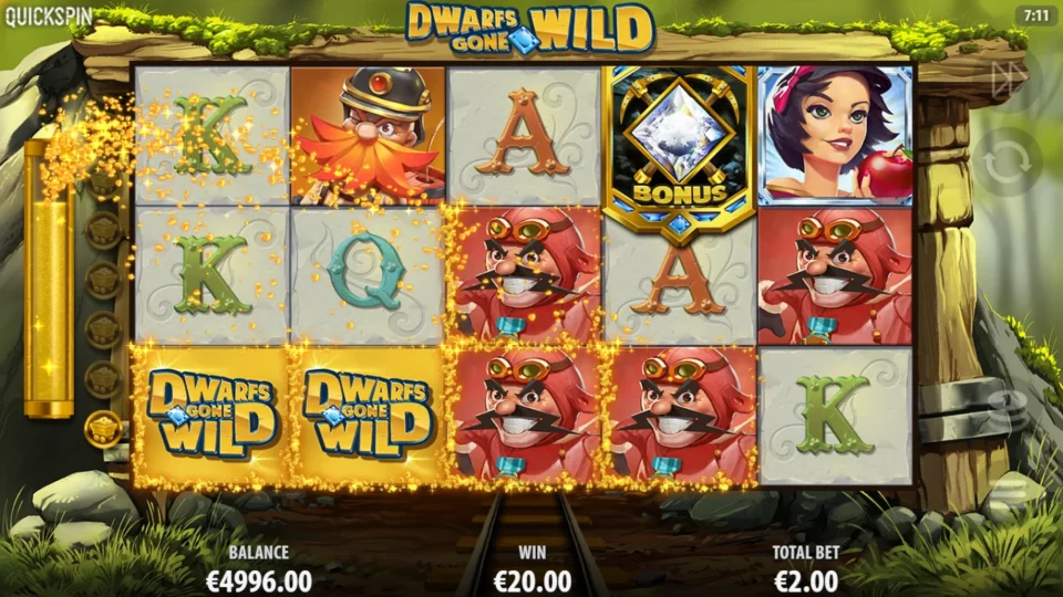 Dwarfs Gone Wild: Two Wilds connect Racer symbols while the win meter shows EUR 20