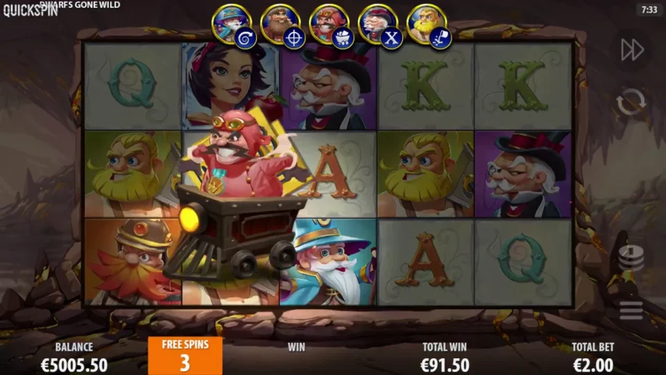 Dwarfs Gone Wild: Racer arrives with three free spins remaining and EUR 91.50 accumulated